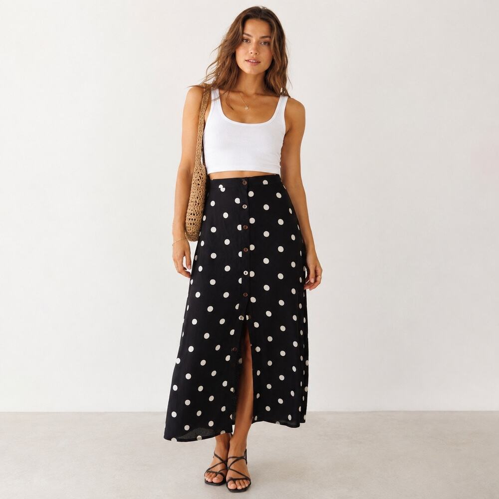 Free people Black Long skirt with White polka dots vintage high waist women 0